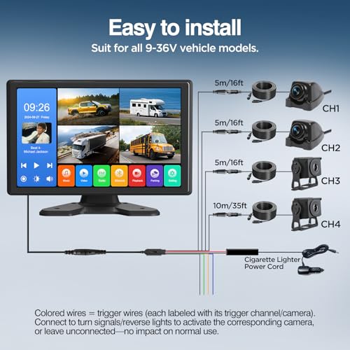 Image of 4 Channel Backup Camera System,Touchable 10.1 inch Monitor with DVR Loop Recording, IP69 Waterproof, Nightvision 1080P Camera for RV /Truck /Trailer Pickup, Wired (Cigarette Charger &128G)