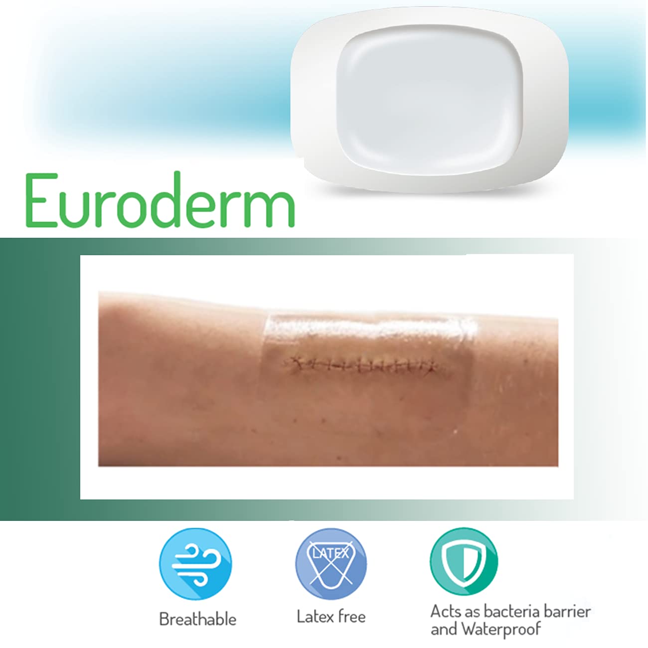 Euroderm -7 7/8 x 6 in -Transparent Sterile Adhesive Dressing,Easy to Remove,Waterproof, Made Off a Highly Resistant PU Film, Easy to Apply- (10 Pcs)