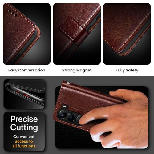 Image of WOW IMAGINE Shock Proof Flip Cover Back Case Cover for 1+ OnePlus Nord CE 6 Lite 5G (Flexible | Leather Finish | Card Pockets Wallet & Stand | Brown)