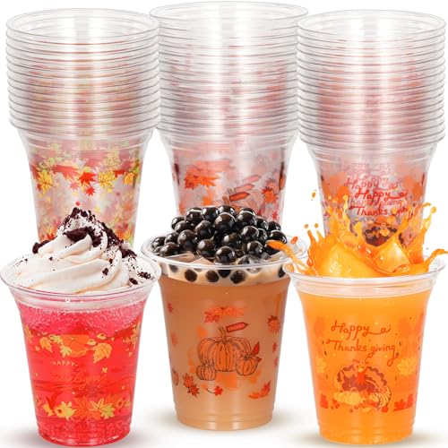 Atonofun 48 Pcs Thanksgiving Cups Disposable 14 oz Thanksgiving Plastic Cups with Turkey Pumpkin Maple Leaves for Juice Coffee Cold Drinks Fall Party Supplies