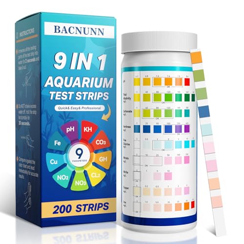 BACNUNN Aquarium Test Strips: 200CT 9 in 1 Quick & Accurate Fish Tank Water Testing Kit for Freshwater Pond Testing Nitrate Nitrite Hardness Free Chlorine pH Carbonate Total Alkalinity Copper Iron