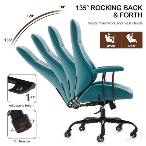 Image of E-Motie Leather Office Chair, Mid Century Modern Desk Chair, Green | Ergonomic, Lumbar Support, 360 Swivel & Rolling Wheels, Adjustable Height, for Adults & Women