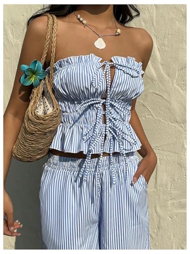 Women's 2 Piece Set Striped Strapless Tie Front Tube Top with Wide Leg Pants Set4