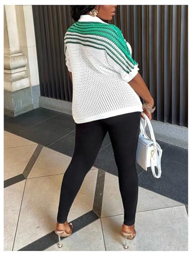 MakeMeChic Women's Colorblock Striped Hollow Out Crochet Cardigan Button Down Short Sleeve Knit Sweater2