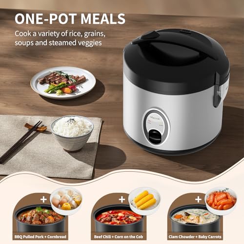 Image of Macook Stainless Steel Rice Cooker with Steamer, 4-Cup Uncooked (1.0L) /8-Cup Cooked, Electric Grain & Vegetable Cooker, Auto Keep Warm for Oatmeal, Soups & Multicooking