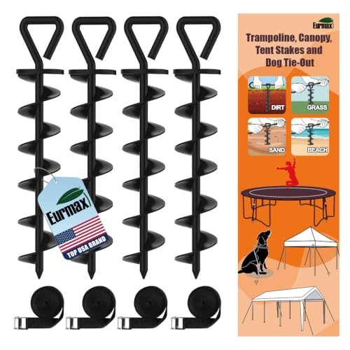Image of Eurmax USA 4 Pack Heavy Duty Ground Stakes,Industrial Grade Spiral Steel Screw-in Trampoline Anchors with 4 Reinforced Straps,High Wind Stabilizing Kit for Dog Tie-Out,Canopies,Sheds,Swing Sets,Black
