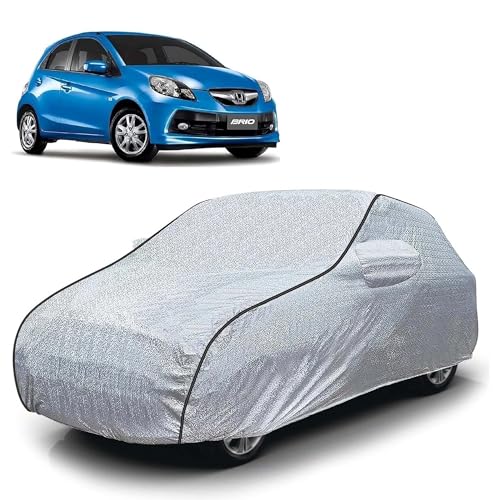 Image of Sulfar 100% Waterproof Car Body Cover Compatible with Mirror for Honda Brio (Triple Stitched, Full Bottom Elastic, Magic Silver with Black Piping)