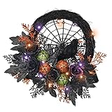 Valery Madelyn 18 Zoll Halloween Kranz für Haustür, Krähen- und Spinnennetz- Halloween Ornamente mit Lichtern und Timer Funktion für Halloween Dekoration