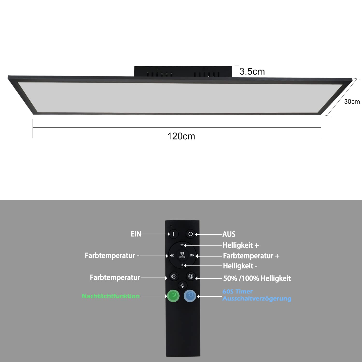 CBJKTX Panel LED Negro Lámpara de Techo Regulable - 120x30CM Lámpara de | Techo Oficina Plana con Control Remoto Lámpara de Salón 48W Lámpara de Cocina Panel de Techo para Cocina Dormitorio Pasillo