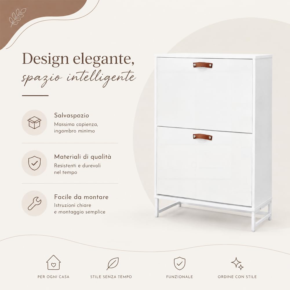 Shally Dogan Scarpiera 2 Ante Ribaltabili con Doppio Fondo, Mobile Porta Scarpe Bianco Salvaspazio con Maniglie Effetto Pelle Moderno, Ideale per Ingresso, Camera da Letto, Soggiorno, 63 x 24 x 90 cm