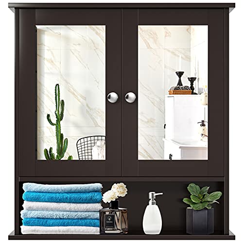 Giantex Bathroom Wall Cabinet with 2 Mirror Doors and Adjustable Shelf, Hanging Wooden Medicine Cabinet Storage Organizer, Bathroom Mirror Cabinet Wall Mounted (Espresso)