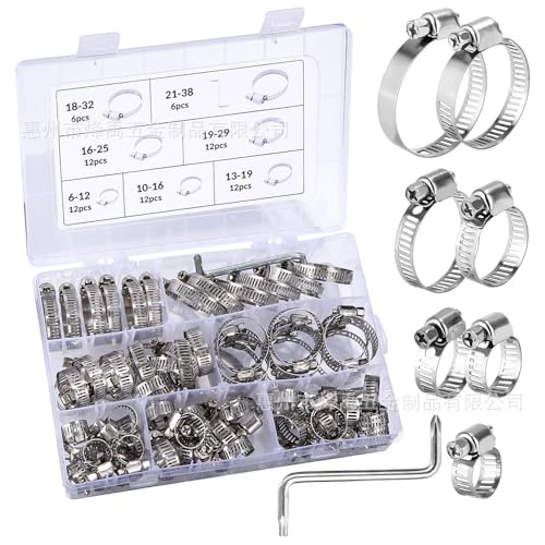 Vexnaro 73 Piezas Abrazaderas de Manguera, Acero Inoxidable Surtido de Kit con 7 Tamaños y Destornillador, Ajustables 6-38 mm, para Tubería de Automóvil Gas