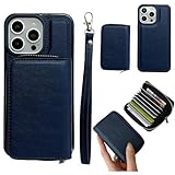 iPhone 16 Pro用ジェネリックケース(色:青)ストラップレザーフリップジッパーマルチウォレットバックケース