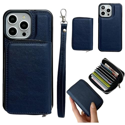 Étui iPhone 17 Pro cuir bleu multi-portefeuille zippé pour tout emporter