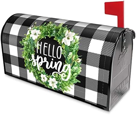 Hello Spring Buffalo Plaid Decor Mailbox Cover Magnetic Magnolia Mailbox Wraps Boxwood Wreath Post Letter Box Cover Home Garden Outdoor Decorations Standard Size 18" X 21"