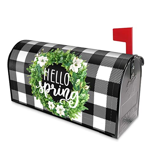 Hello Spring Buffalo Plaid Decor Mailbox Cover Magnetic Magnolia Mailbox Wraps Boxwood Wreath Post Letter Box Cover Home Garden Outdoor Decorations Standard Size 18" X 21" #TOP1