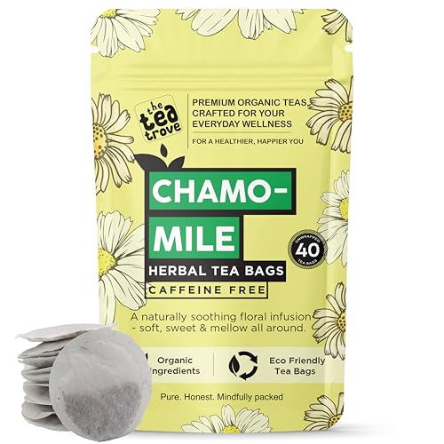 Image of The Tea Trove Pure Chamomile Tea Bags Organic - 40 Eco-Friendly Caffeine Free Camomile tea in Resealable pouch - Steep Hot Or Iced | Pack of 1, 40 grams