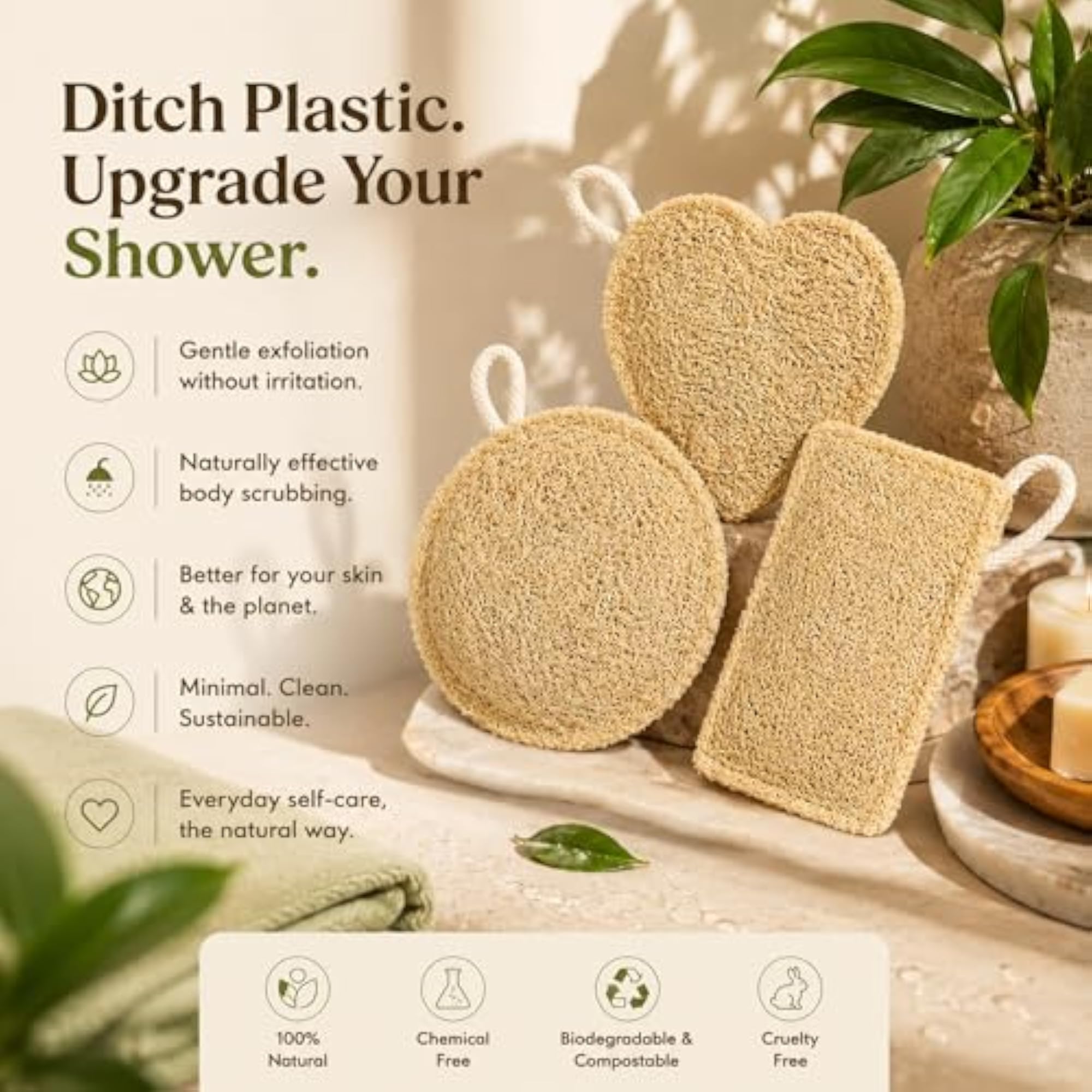 Organic Loofah Sponge Pack of 3, Natural Body Scrubber