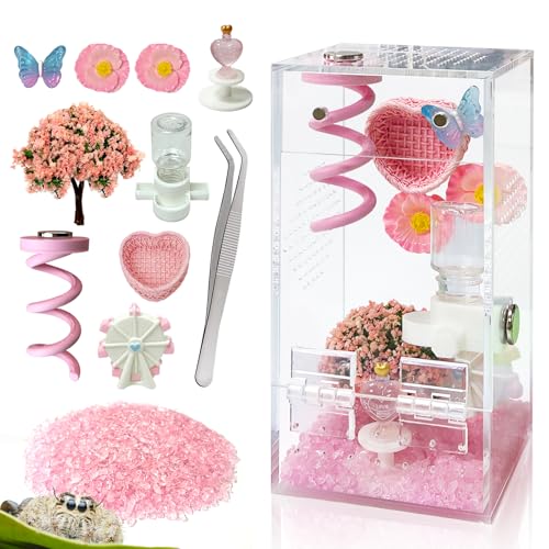 Image of Jumping Spider Enclosure,DIY Insects Habitat,Small Reptile Terrarium Glass House Accessories Set,with Jumping Platform Hide Water Feeder (Pink B)