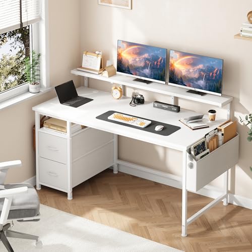 Klyvvo 120x48 Schreibtisch mit 2 Schubladen Bieten Stauraum, Computertisch, Gaming Schreibtisch mit Monitorständer, 2 Ablagehaken,Kabelführungsfach,Geeignet für Homeoffice-Mitarbeiter und Gamer,Weiß