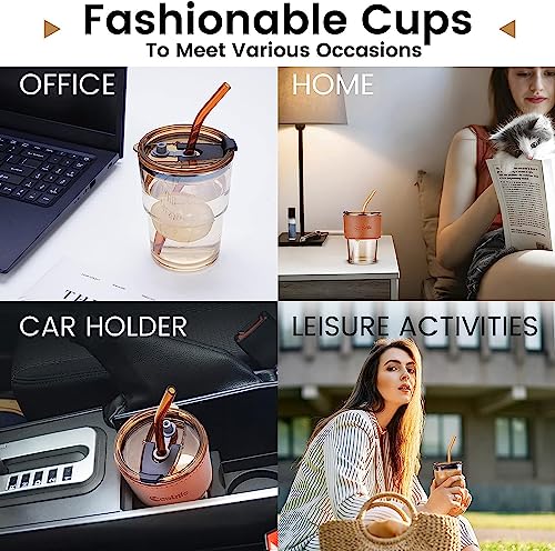 Image of KHOLAD Glass Tumbler with Anti-Slip Leather Sleeve Pack of 1, 400ml Drining Coffee Sipper with Lid and Glass Straw for Iced Tea,Smoothie, Cocktail Indoor & Outdoor Cup (Amber)