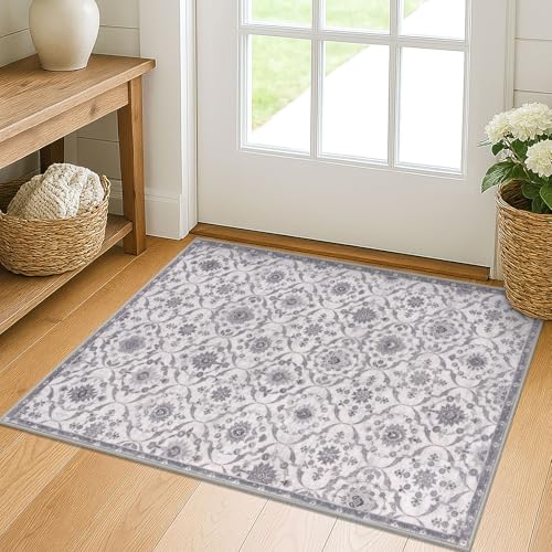 KILOCOCO 2x3 Small Area Rug, Moroccan Super Soft Entryway Rugs Indoor Vintage Washable Rug Non-Slip Indoor Door Mat, Accent Print Faux Wool Throw Rug for Laundry Kitchen Bedroom Entrance, Grey
