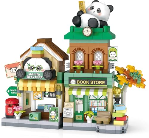Image of Kawaii Panda Bookstore Mini Building Blocks Set, 560+ PCS Cute City Street View Architecture Model Kit for Teens & Adults 14+ | Collectible Home Decor Toy with 1 Year Manufacturing Warranty