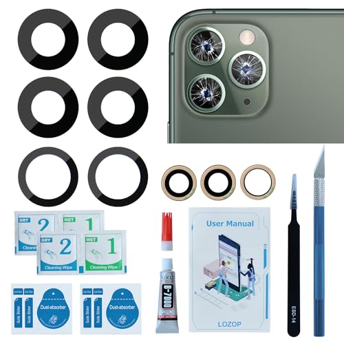 LOZOP 2 Sets Rear Camera Lens Glass Replacement with Adhesive Pre-Installed Compatible for iPhone 11 Pro / 11 Pro Max (3 Pieces/Set) with Repair Tools and Installation Manual