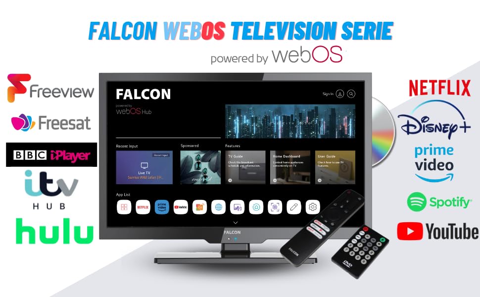 Falcon WebOS SMART Camping TV – Multituner DVB-S2 & DVBT2, 12V/24V/240V Integrierter DVD-Player, Bluetooth 5.0, Sprachsteuerung, Appsteuerung, Streaming, 3 x HDMI, 2 x USB, Netflix UVM. (19 Zoll) – Bild 3