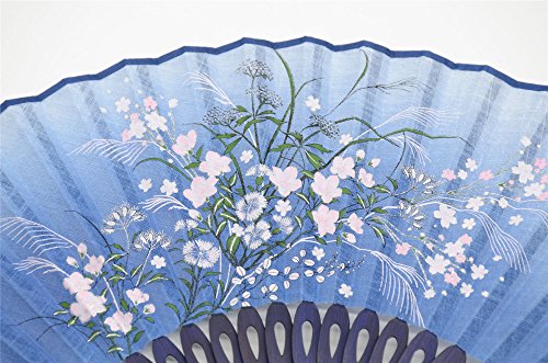 OMyTea "Grassflower Folding Hand Held Fan for Women - Chinese/Japanese Vintage Retro Style - With a Fabric Sleeve for Protection (Blue) - Image 4