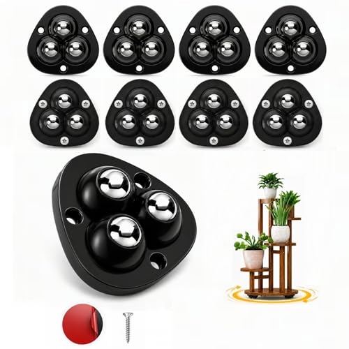 8 Pack Self Adhesive Caster Wheels - Low Profile Anti-Rust Stainless Steel Rollers for Small Furniture Kitchen Appliances Storage Bins & PC Case - Heavy Duty 15LBS Capacity Per Wheel (3-Ball Black)