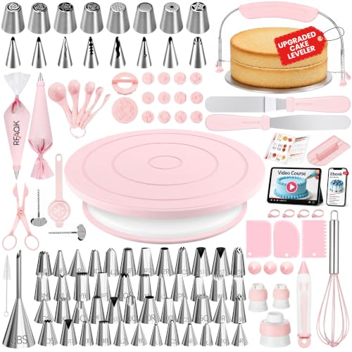 RFAQK 165PCs Cake Decorating Kit, Baking Supplies Tools - Includes Cake Stand Turntable, 64 Icing Piping Tips Set, 2 Frosting Spatulas, 3 Scrapers, 55+2 Pastry Bags, Complete Video Course, Booklet