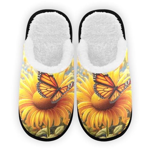 SPRIPORT Sunflowers Butterfly Soft Fabric Spa Slippers for Women Men Washable Reusable Guest House Slippers with Non Slip Soles Travel Slippers for Bedroom Party Hotel Travel Indoor L