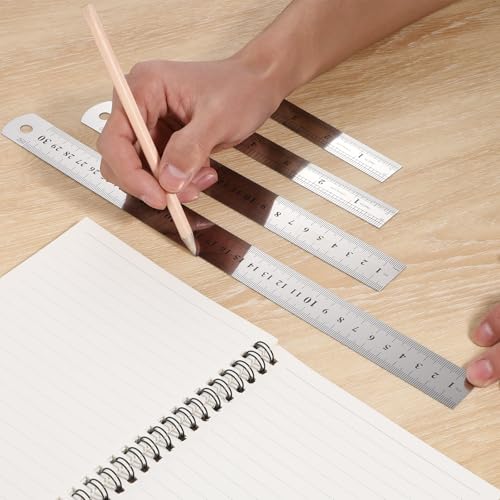 4 Stück Edelstahl Lineal Präzisions Metall Lineal Set 10cm/15cm/20cm/30cm Doppelseitenskala Kante Stahllineal mit Messwerkzeug Gerader Rand für Engineering Lehre Zeichnungen Büro