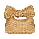Carfond Fashion Clutch Bow Purses for Women Ladies Handmade Straw Handbag for Photos Party Wedding Prom Club Khaki
