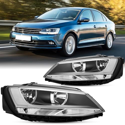 Aresparts Headlights Assembly Set For 2011-2018 Volkswagen(MK6) Jetta S SE Sport 4-Door Sedan Replacement Halogen Headlamps Black Housing Chrome Trim Clear Reflector Front Light Left and Right side