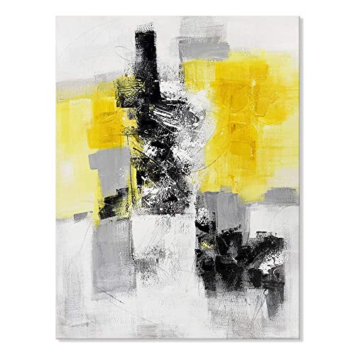 7Fisionart Lienzo abstracto para pared, color amarillo, gris y negro, pintura geométrica moderna, mostaza, decoración de baño, sala de estar, dormitorio, cocina, hogar, oficina, 12 x 16 pulgadas
