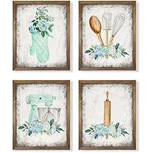 Retro Vintage Turquise Cyan Flower Kitchen Signs - Gift for Cooks and Chefs - Kitchen Dining Wall Art Decor - Green Teal Kitchen Poster Prints - Spoon Mixer Glove Picture for Holiday Restaurant Decor