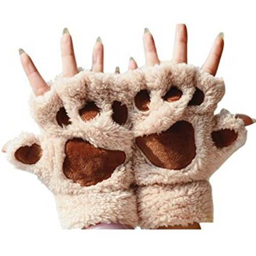 Femme Gants Mignon Mitaines Hiver Motif Patte d’Ours Adorable Gants en Peluche Chaud Joli Gants Demi-doigt Griffe de Chat Jouet Enfant Gants Moitié-doigt Automne Hiver Chic Cadeau Noël