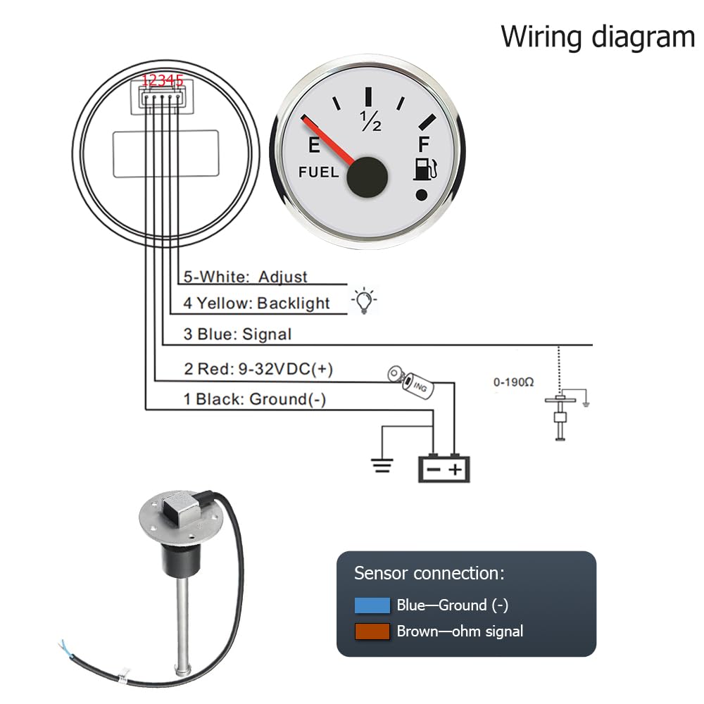 ELING Indicador de nivel de combustible de 52 mm 0 – 190 ohmios con retroiluminación roja de 12 V 24 V con 380 mm de nivel de combustible, sensor para coche y camión