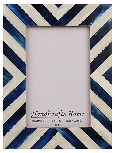 Picture Frames Photo Frame Chevron Herringbone Vintage Wooden Handmade Naturals Bone Classic Blue 4x6 Inch