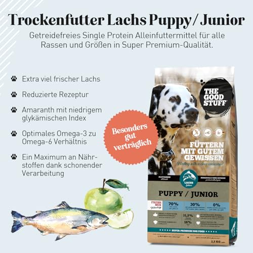 THE GOODSTUFF Lachs (Puppy/Junior) 2,5 kg | Getreidefreies Hunde Trockenfutter Junior | Mit frischem Lachs | Hundetrockenfutter für Welpen & Junghunde | Ausgewogenes Super-Premium Welpen Trockenfutter