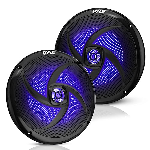 Pyle 8” Marine Boat Speakers Pair, Waterproof Outdoor Speakers with Blue LED Lights, 2-Way Full Range Stereo Audio, 160W Power, Weather Resistant Flush Mount Design (Black)