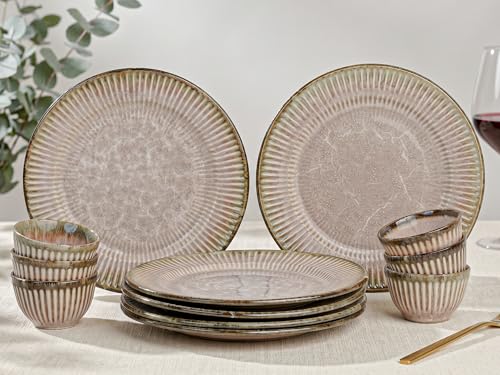 Image of Bodhi House Premium 12-Piece Stoneware Dinner Set Serving for 6 - Handcrafted Ceramic Plates, Bowls & Serving Bowls | Microwave & Dishwasher Safe | Elegant Modern Tableware Crockery Petal Pink