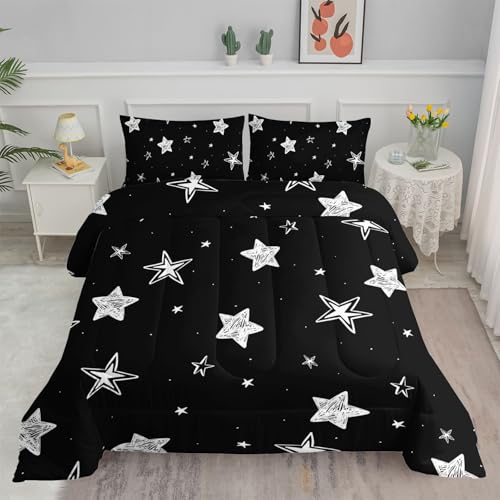Image of Black and White Stars Comforter Set Starry Printed Bedding Set with 1 Comforter and 2 Pillowcases for Boys and Girls Bedroom All Season(Stars Full)