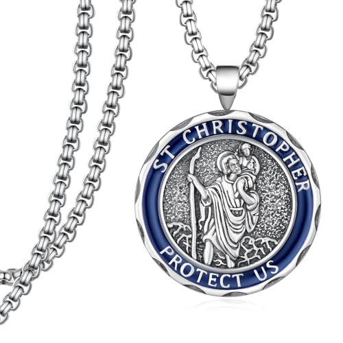 925 Sterling Silver St Christopher Necklace for Men, Saint Pendant Travel Protection Jewelry, St Christopher Medal Catholic Necklace Gift for Women Men