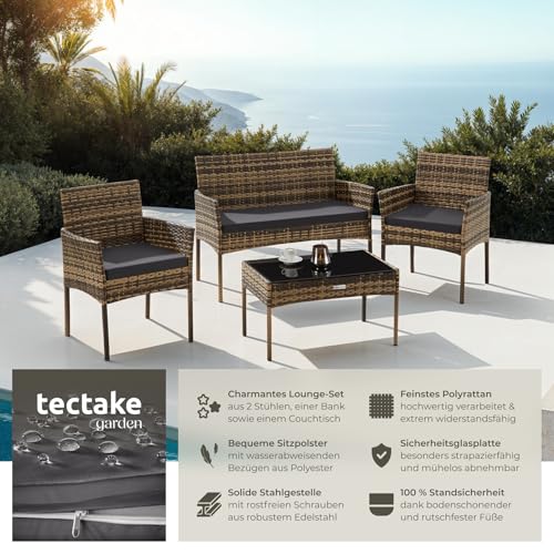 tectake® Rattan Gartenmöbel Set, Outdoor Lounge Möbel,1x Gartenbank, 2X Stuhl, 1x Balkontisch, mit Outdoor Kissen wetterfest, Balkonmöbel Kleiner Balkon, Lounge Gartenmöbel, Terrassenmöbel - Natur 2