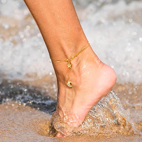 Golbaljew Dainty Gold Anklet For Women Girls 18K Gold Plated Layered Moon Star Anklets Minimalist Summer Beach Foot Chain Layering Ankle Bracelets Ankle Jewelry Gifts #TOP1
