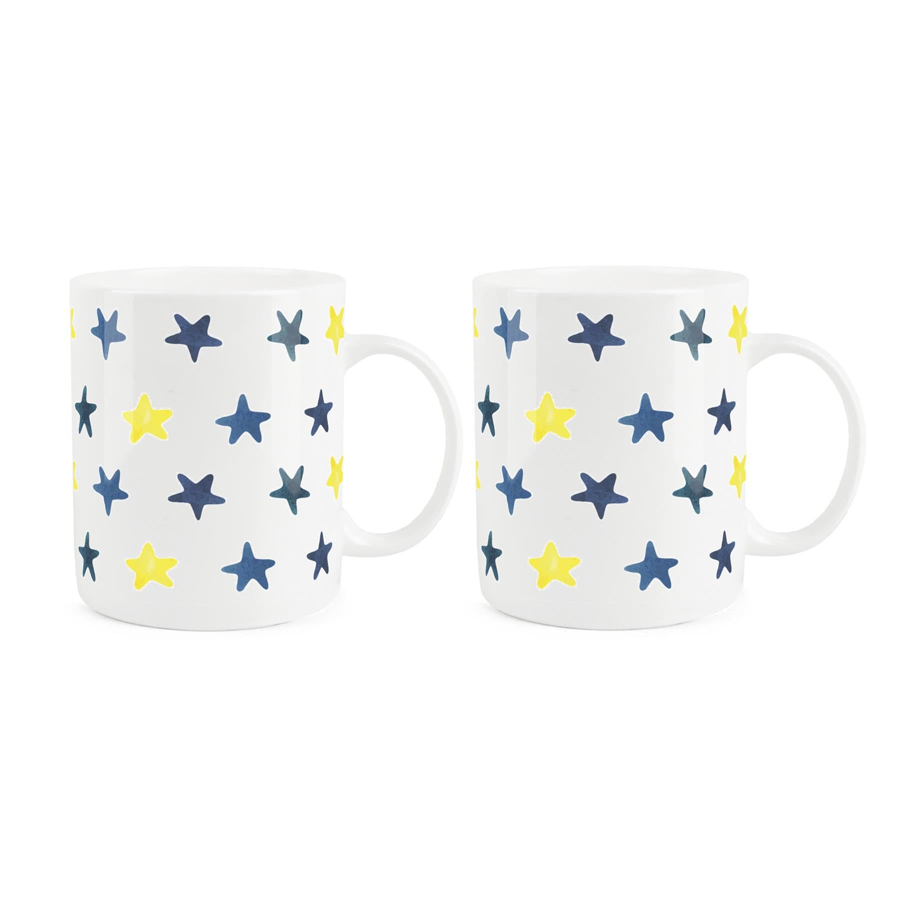 Purely Home Blue & Yellow Stars Mugs Set - Set of 2 Multicoloured Shooting Stars Patterned Gift/Present - White Bone China Coffee/Tea Hot Drinks Cup