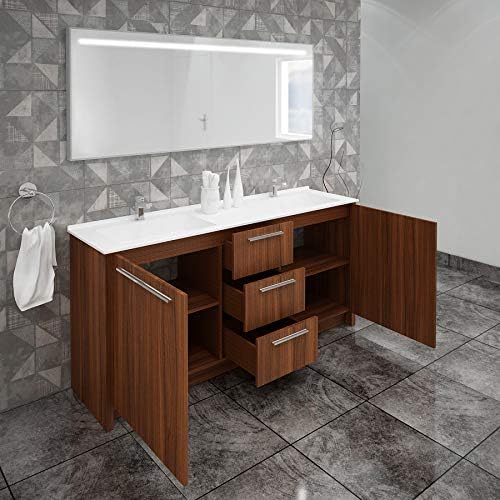 Casa Mare 71 inch Wood Double Sink Bathroom Vanity & LED Mirror | Pre-Assembled | Acrylic Undermount Countertop | Soft Closing Doors & Drawers | Chrome Handles | Modern Freestanding Cabinet | Walnut